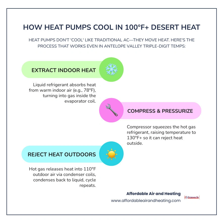 infographic showing how heat pumps extract indoor heat and reject it outside during 100°F+ Antelope Valley summers