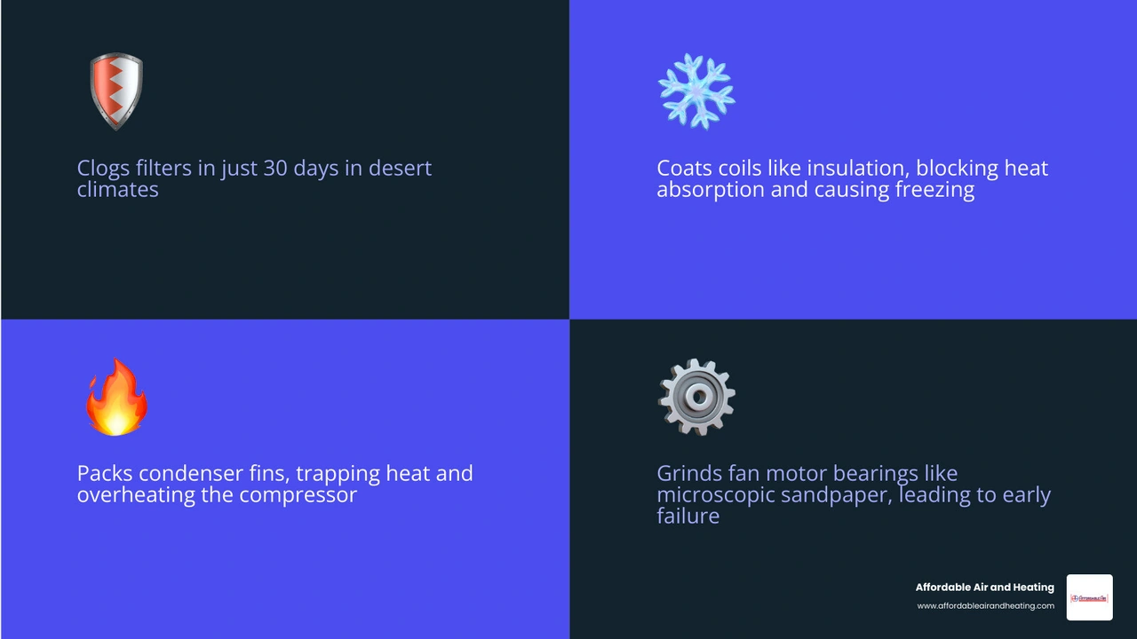 Infographic showing the desert dust damage cycle: dust infiltration → filter clog → airflow loss → coil buildup → efficiency