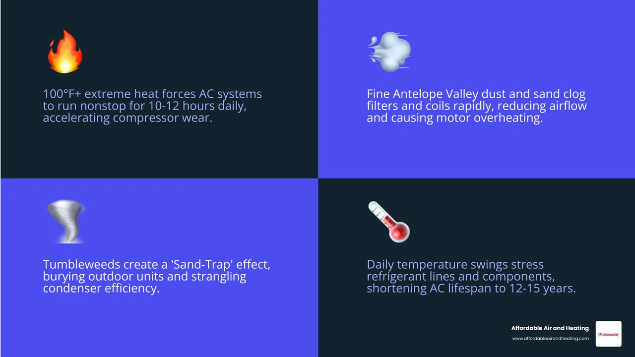 Infographic: How 100°F+ heat and fine Antelope Valley dust strain HVAC components including compressor, coils, and filters Infographic: How 100°F+ heat and fine Antelope Valley dust strain HVAC components including compressor, coils, and filters