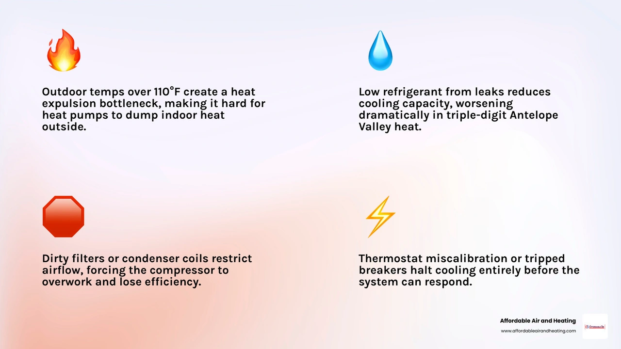 Infographic showing 6 reasons a heat pump stops cooling in extreme Antelope Valley heat over 110°F infographic Infographic showing 6 reasons a heat pump stops cooling in extreme Antelope Valley heat over 110°F infographic