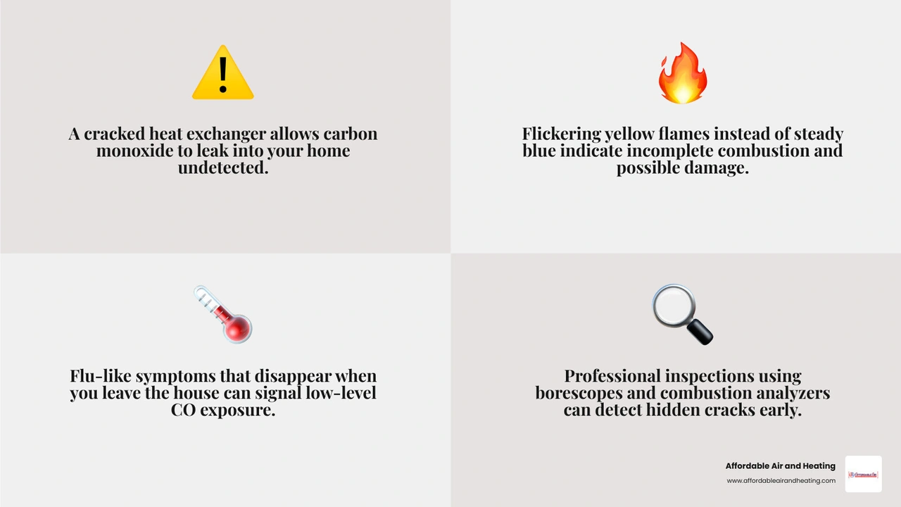 Infographic showing cracked heat exchanger symptoms and safety risks including CO exposure, flame color changes, and health Infographic showing cracked heat exchanger symptoms and safety risks including CO exposure, flame color changes, and health