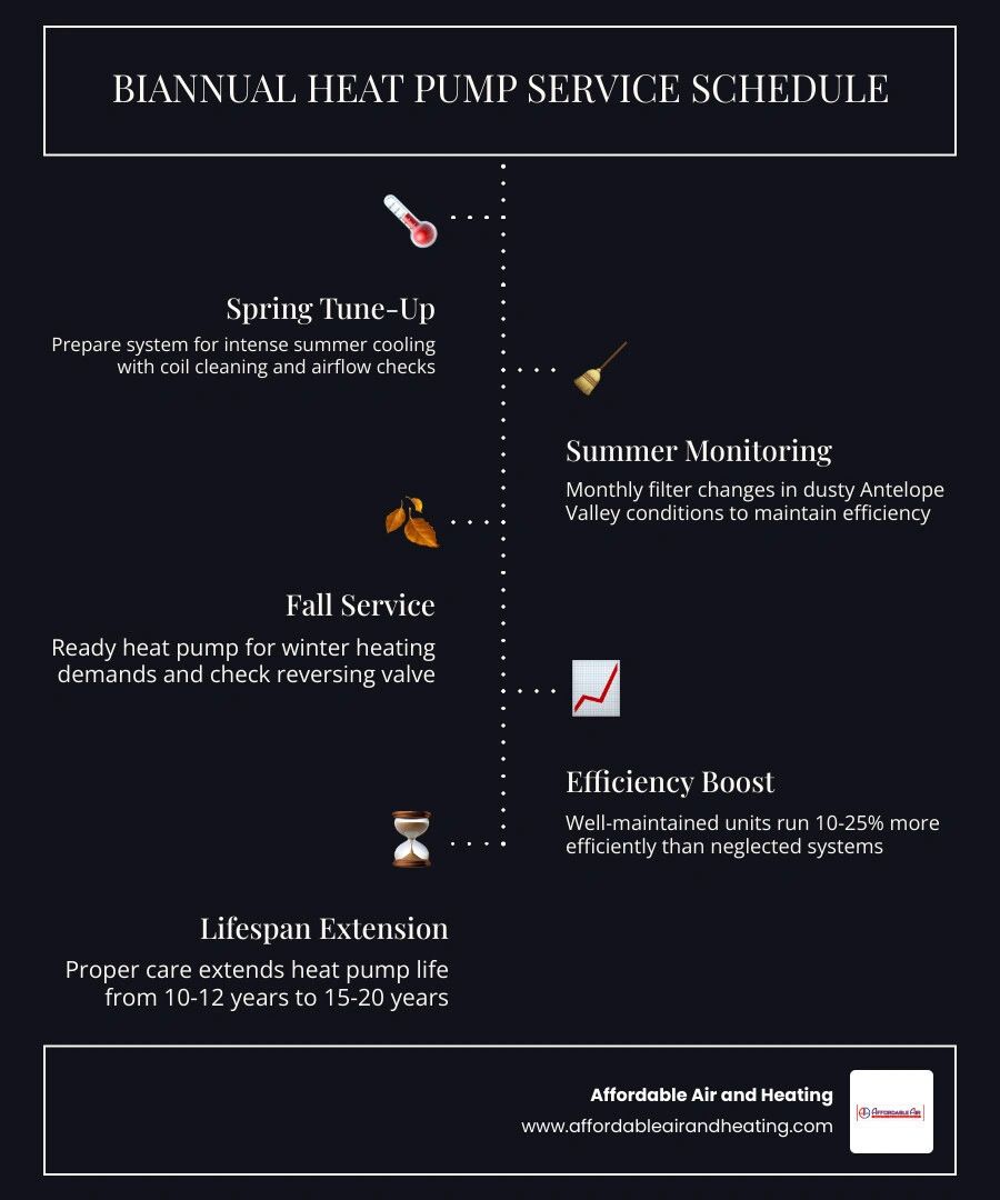 Infographic showing biannual heat pump service schedule for hot inland California climates with key tasks per visit Infographic showing biannual heat pump service schedule for hot inland California climates with key tasks per visit
