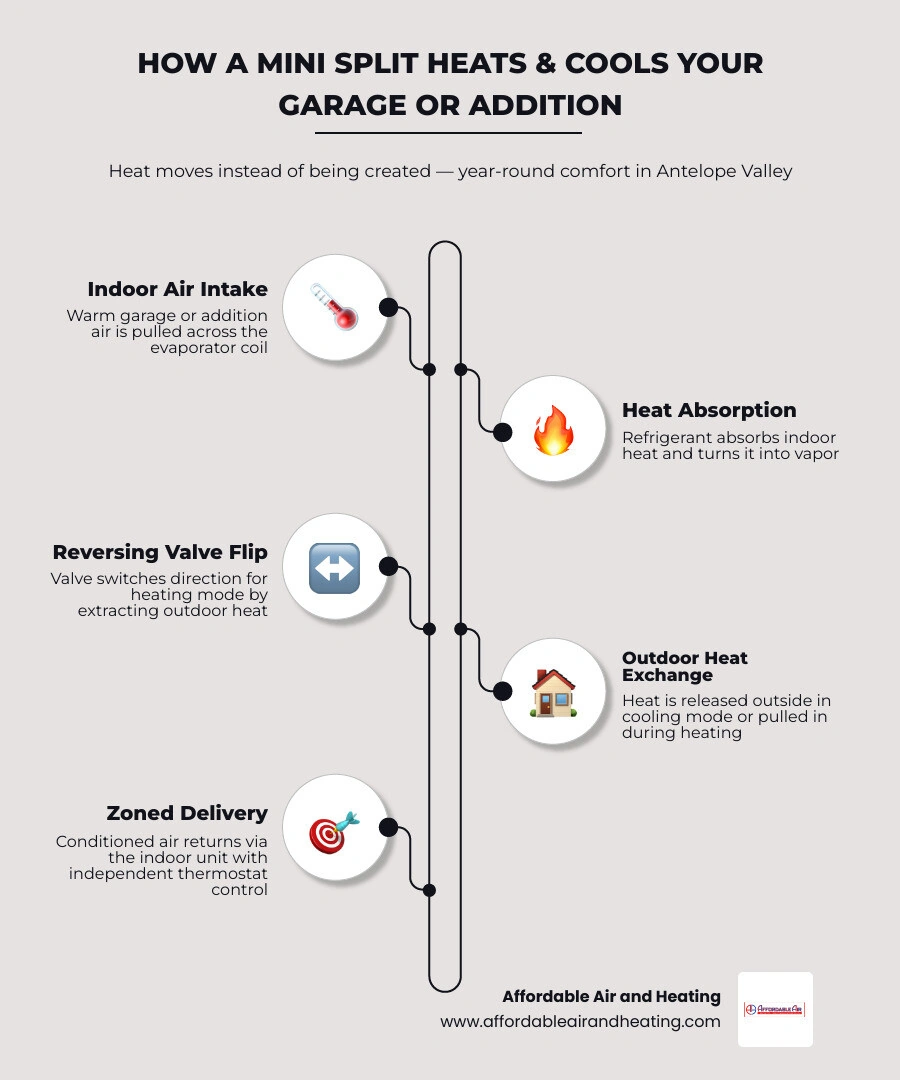 Infographic showing mini split heating and cooling cycle for garage and home addition in Antelope Valley infographic Infographic showing mini split heating and cooling cycle for garage and home addition in Antelope Valley infographic