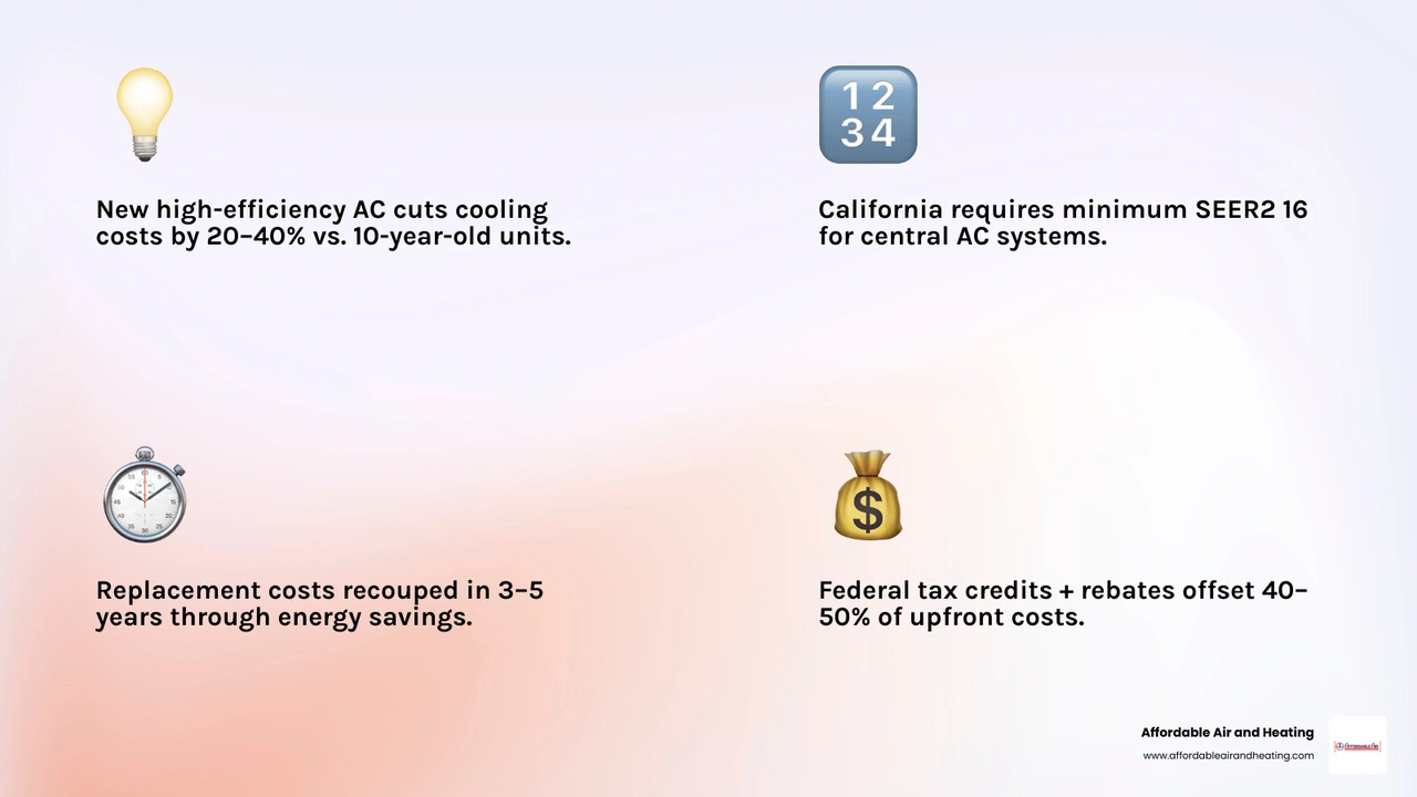 Infographic showing how upgrading to a high-efficiency SEER2 AC reduces California household energy consumption and offsets Infographic showing how upgrading to a high-efficiency SEER2 AC reduces California household energy consumption and offsets