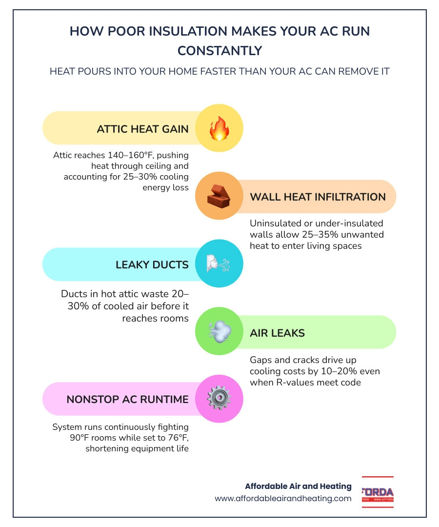 Infographic showing how heat transfers through uninsulated attic and walls into living spaces forcing AC to run constantly Infographic showing how heat transfers through uninsulated attic and walls into living spaces forcing AC to run constantly