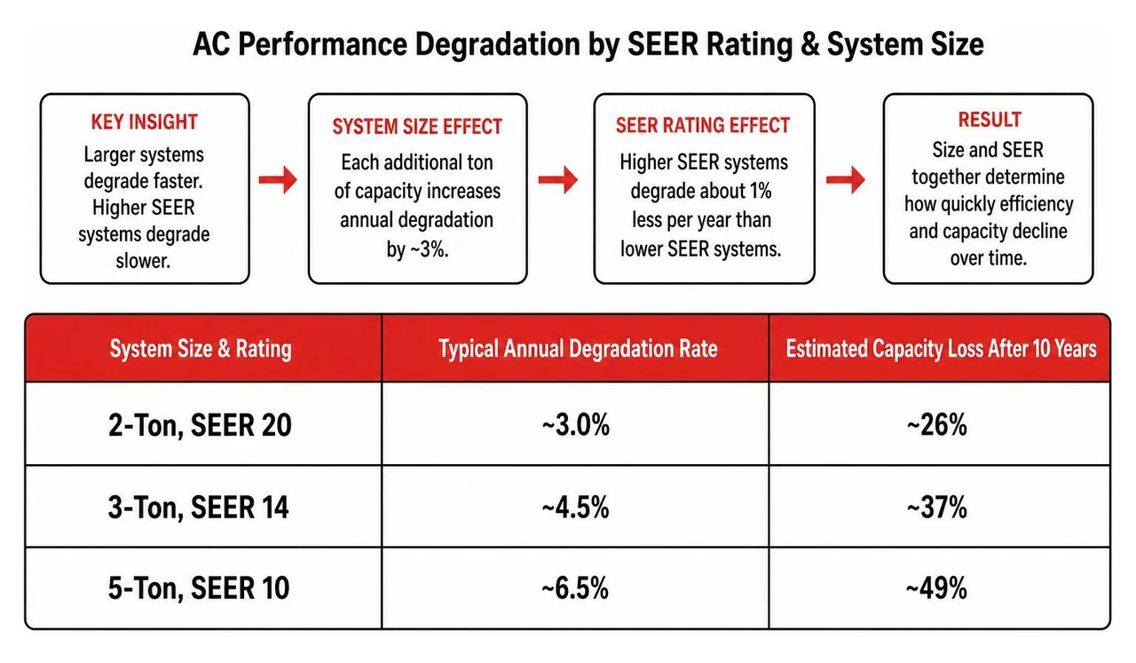 diagram comparing degradation rates by SEER rating and system size diagram comparing degradation rates by SEER rating and system size