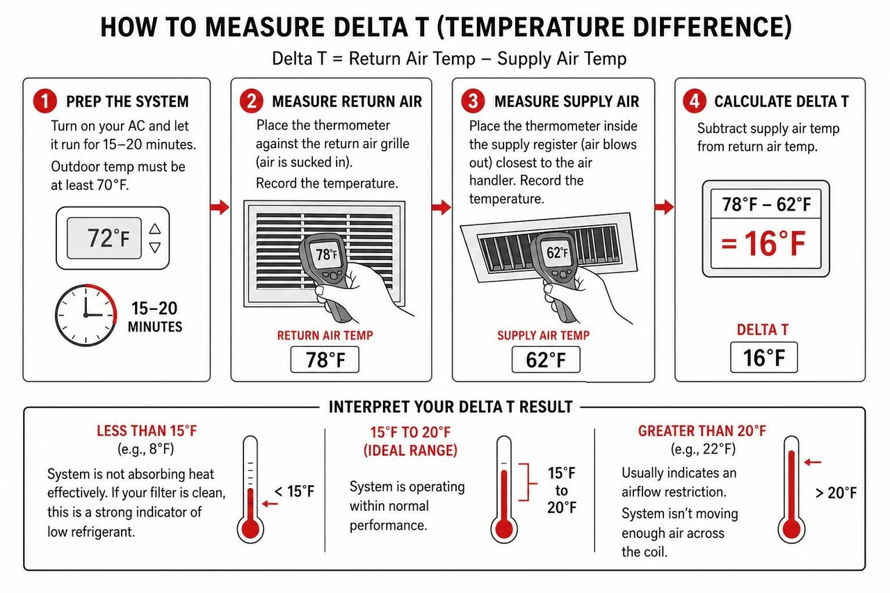 Diagram showing how to measure Delta T temperature difference between return and supply vents Diagram showing how to measure Delta T temperature difference between return and supply vents
