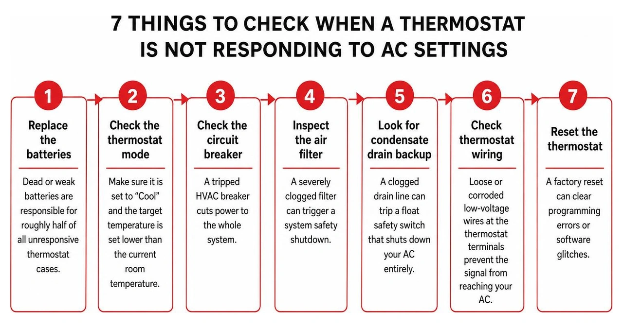 Infographic showing the 7 things to check when a thermostat is not responding to AC settings Infographic showing the 7 things to check when a thermostat is not responding to AC settings