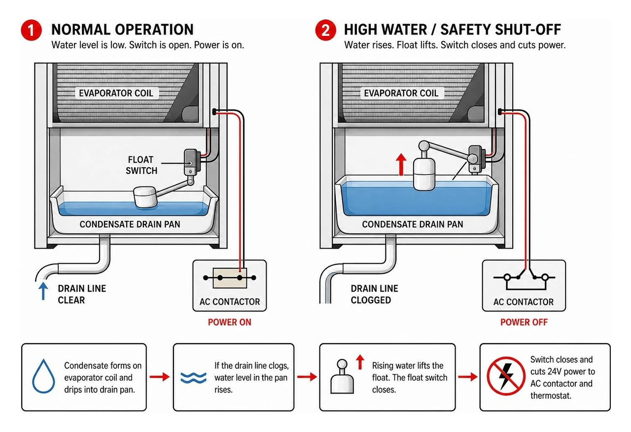 Diagram of an HVAC condensate drain pan showing the safety float switch cutting power when water rises Diagram of an HVAC condensate drain pan showing the safety float switch cutting power when water rises