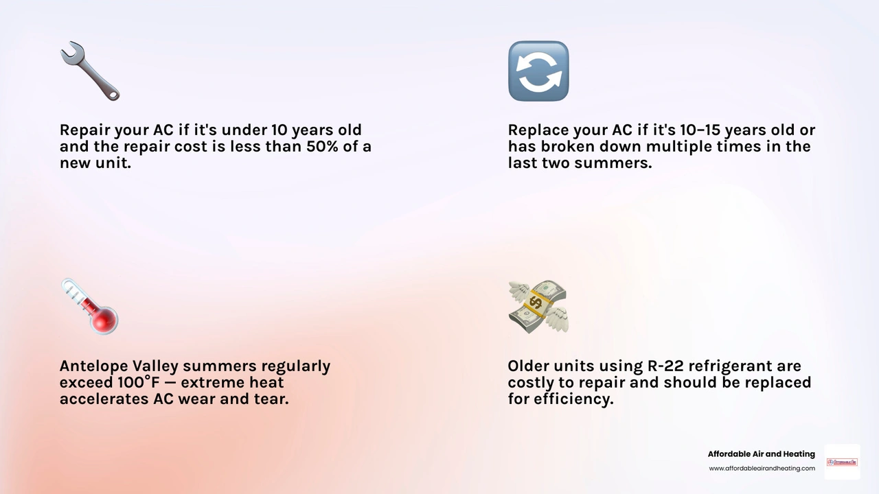 AC repair vs replace decision matrix for Antelope Valley homeowners infographic AC repair vs replace decision matrix for Antelope Valley homeowners infographic