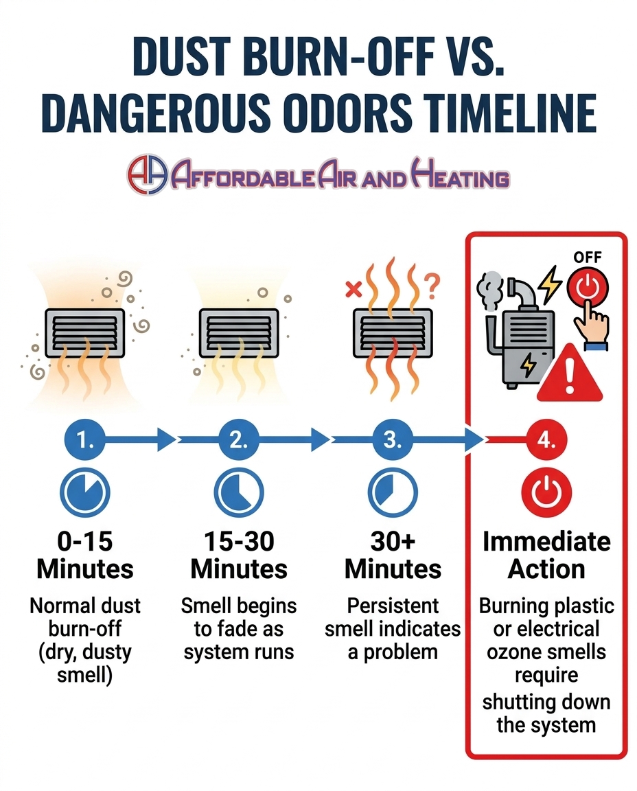 Dust Burn-Off vs. Dangerous Odors Timeline