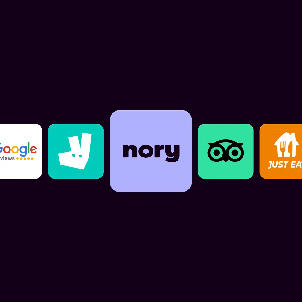 Logos of popular restaurant platforms including Google Reviews, Deliveroo, Nory, TripAdvisor, and Just Eat on a dark background.