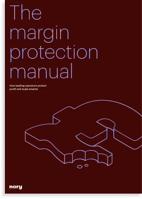 Dark red cover of 'The Margin Protection Manual' by Nory, featuring an outline illustration of a claw hammer and subtitle about how leading operators protect profit and scale smarter.
