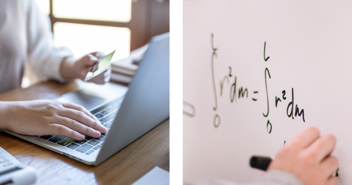 Two image split, the first of a person on a laptop, holding a card. The second of a person writing a formula on a whiteboard.