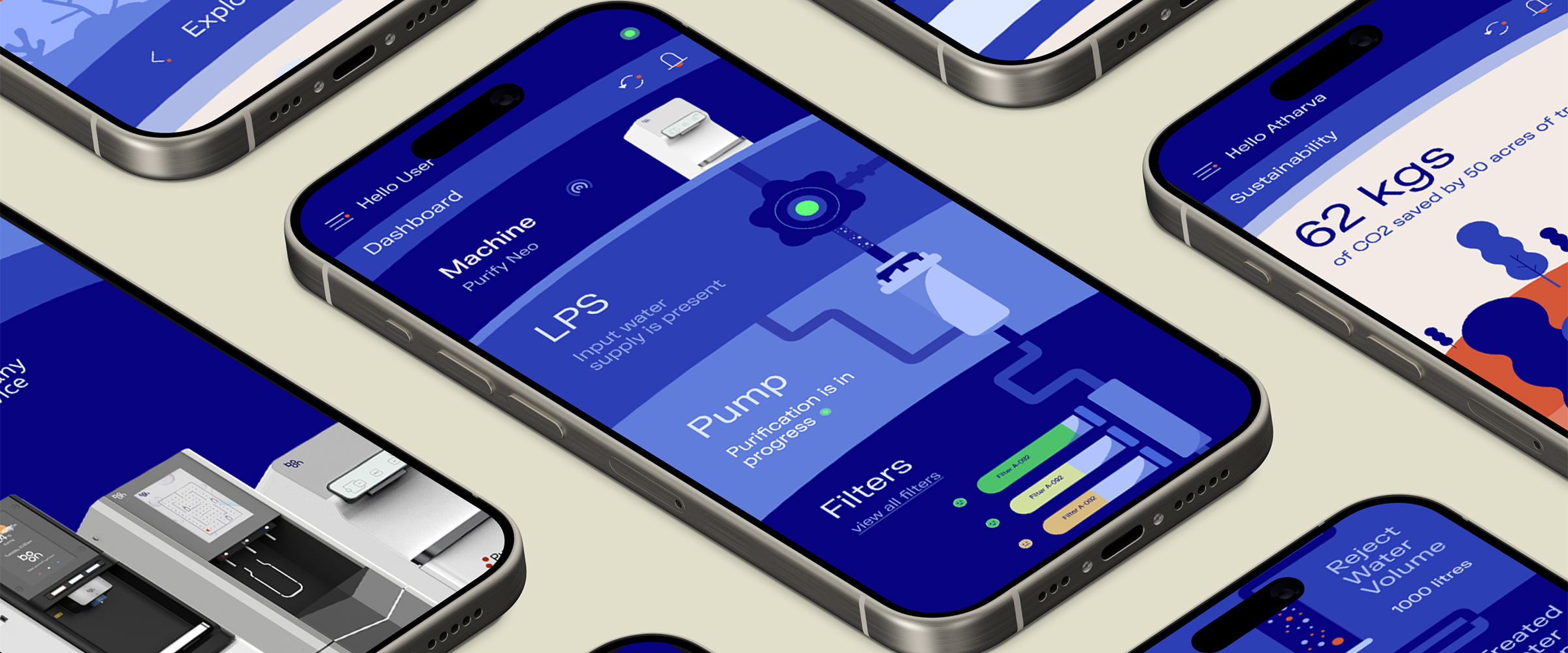 Isometric view of water ai app on an array of iphones