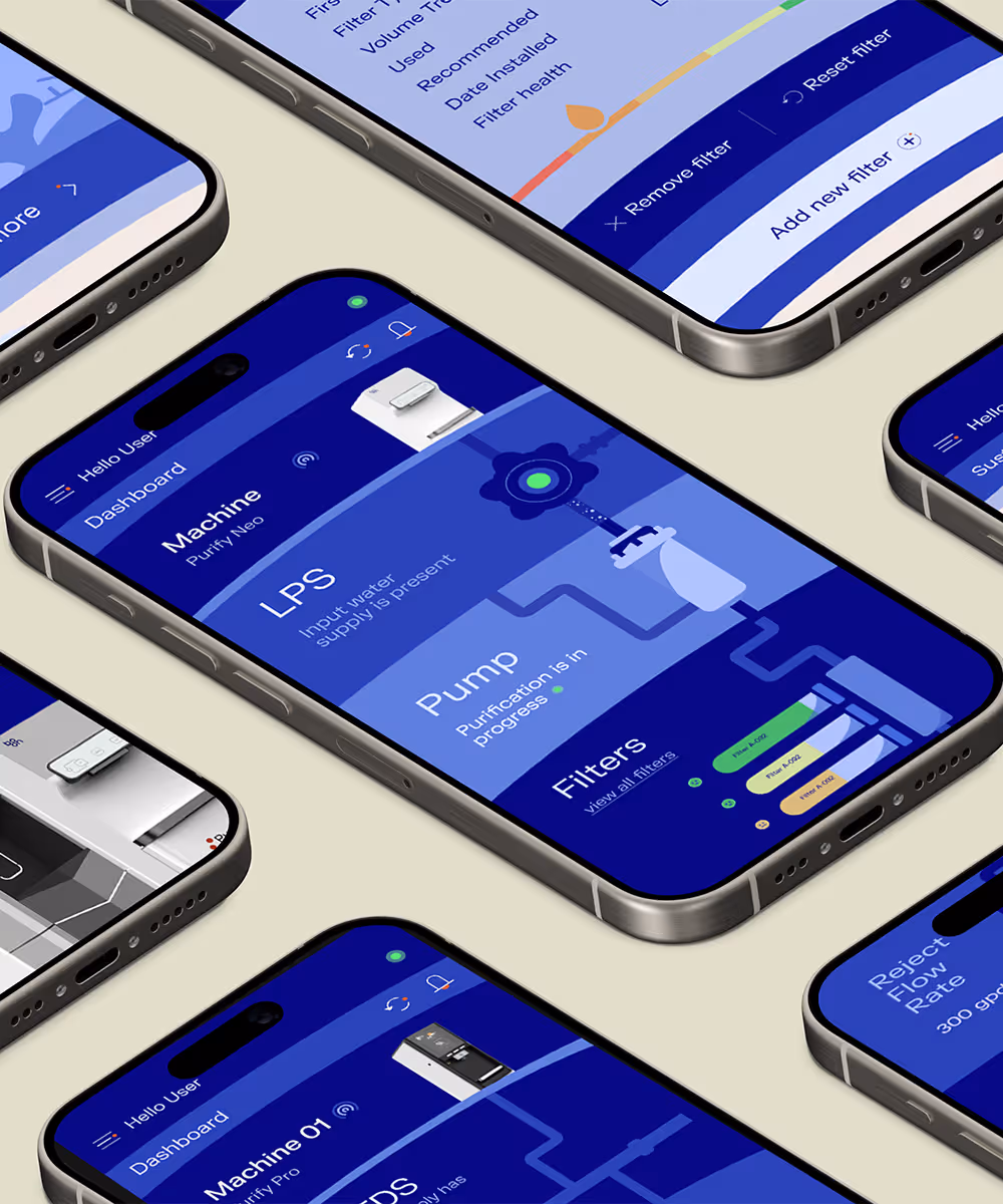 Isometric view of water ai app on an array of iphones