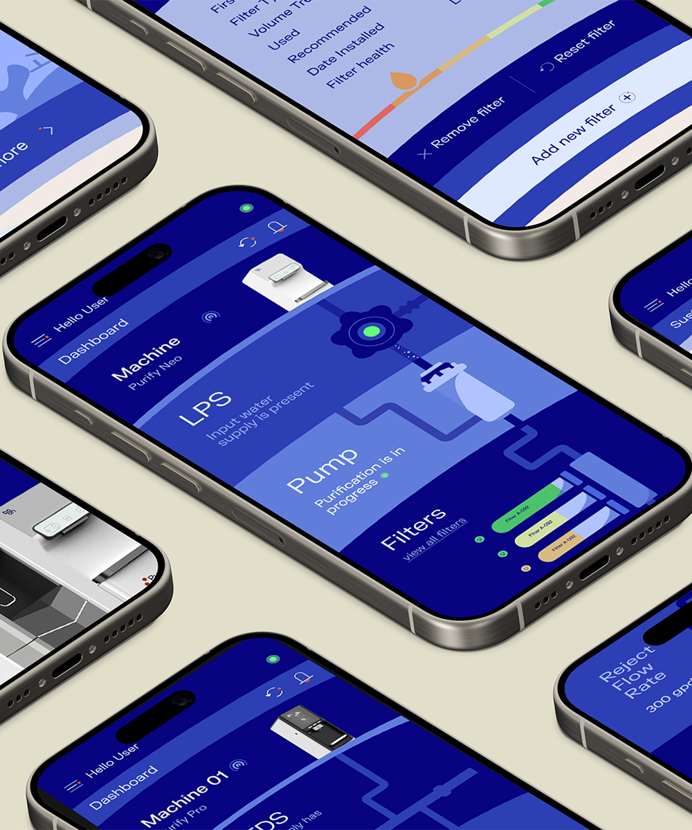 Isometric view of water ai app on an array of iphones