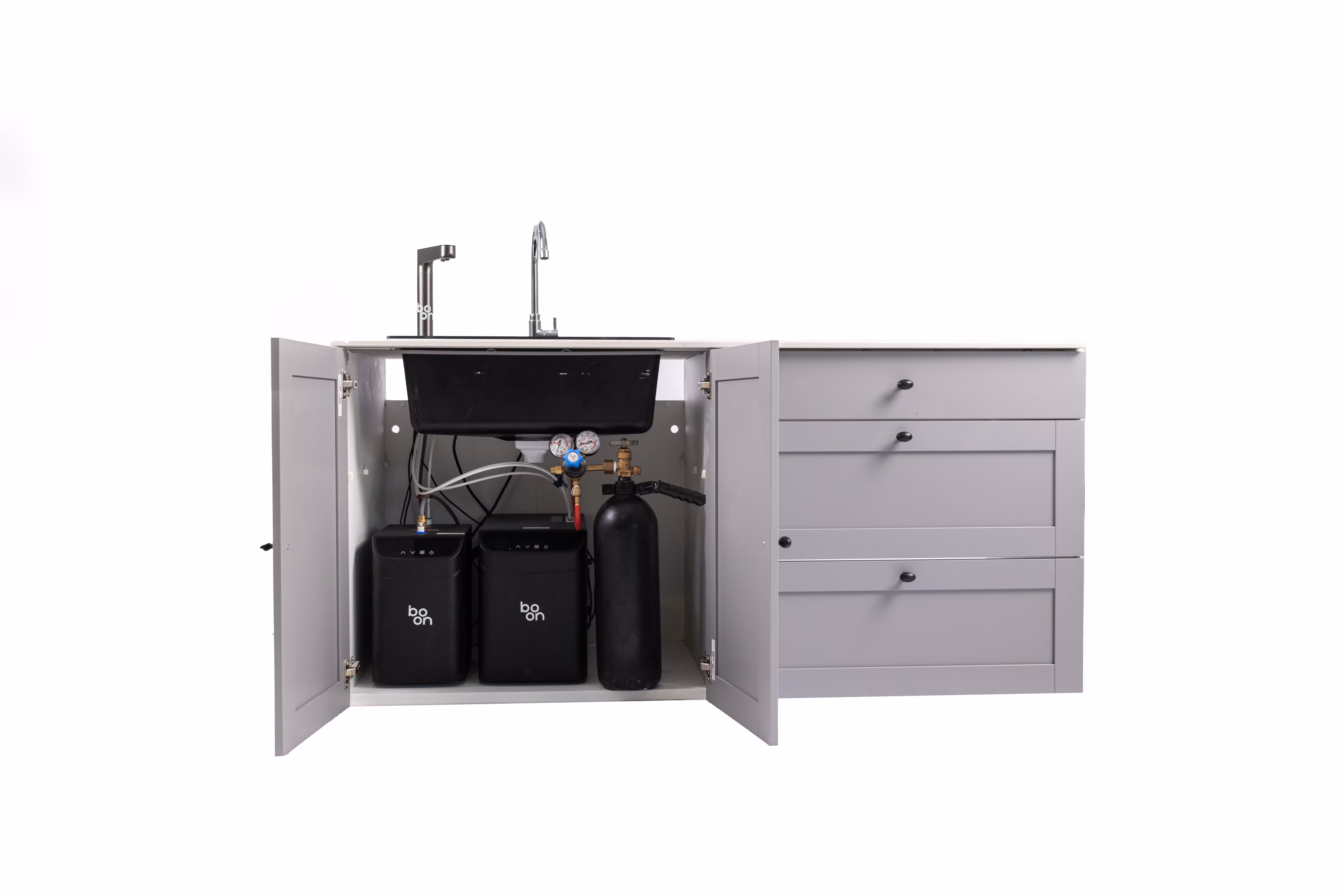 Boon water bottles on a hotel conference room