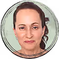 Portrait of a middle-aged woman with light skin, dark hair pulled back, and a neutral expression.