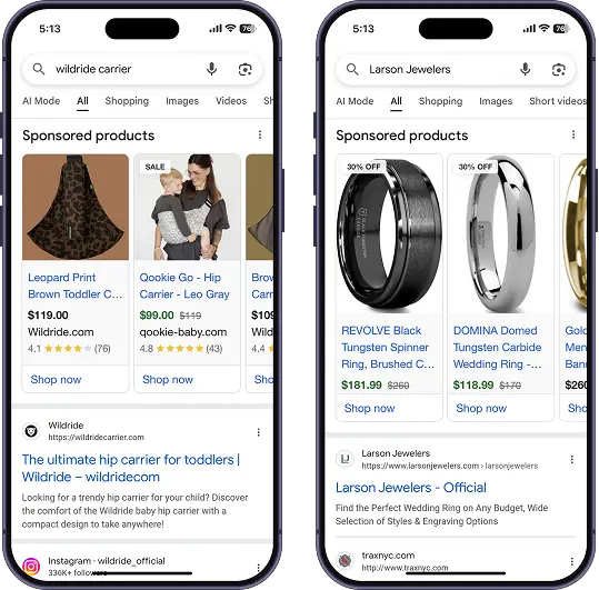Two screens showcasing google shopping