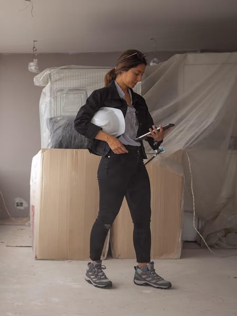 A woman standing in a room holding a cell phone.