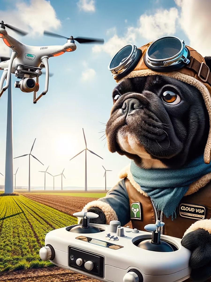 A dog wearing a pilot's outfit and holding a controller in front of a.