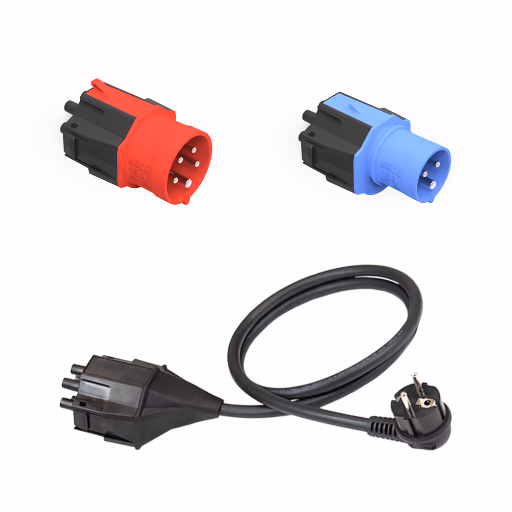 Abbildung drei Stecker mit passendem Kabel auf weißem Hintergrund