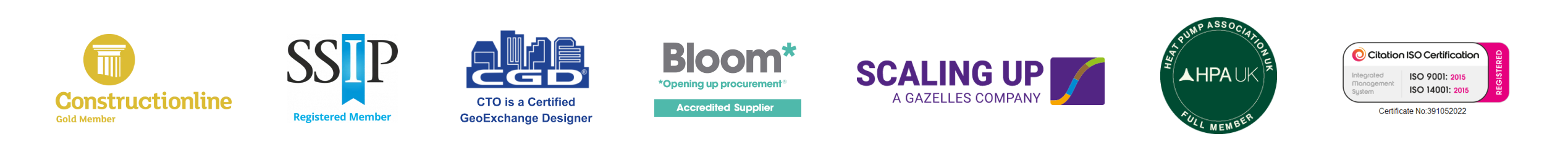 A group of logos of certifications, constructionline, SSIP CGD, bloom , Scaling up, HPA uk and Citation ISO Cert