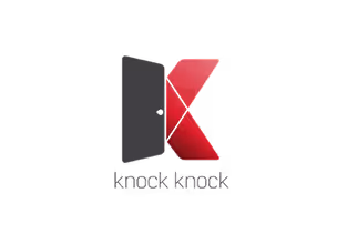 Logo with a stylized door and red letter K, with the text 'knock knock' below.