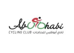 Logo of Abu Dhabi Cycling Club with stylized text and a red and green cyclist icon.