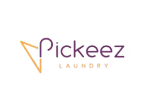 Pickeez Laundry logo with stylized text and a triangular graphic element.