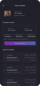 Mobile app screen showing booking details with session dates, times, and options to schedule or cancel sessions for user Pitt Jenkins.