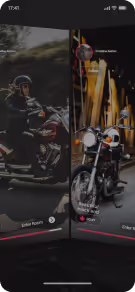 Split-screen image comparing a person sitting on a motorcycle on the left and a close-up of a motorcycle parked at night on the right.