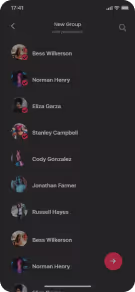 Smartphone screen showing a chat app interface with contacts and their profile pictures listed under 'New Group.'