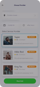 Mobile app screen showing service provider selection with three options: Super, Hitler Red, and King Tox, each with ratings and availability status, and a green Place Order button at the bottom.