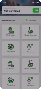 Mobile app screen showing a search bar with 'type your request' and popular service categories: Electrician, House cleaning, Pestcides, Plumbers, each with icons.