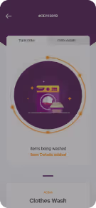 Mobile app screen showing washing progress with a washing machine icon and status 'Items being washed'.