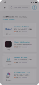 Mobile phone screen showing nearby hospital search results with names, addresses, and distances.