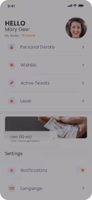 Mobile app screen showing user profile with options for personal details, wishlist, active tickets, level, and settings including notifications and language.