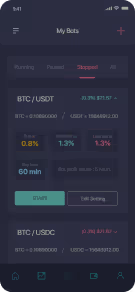 Mobile app screen displaying BTC/USDT trading pair with price, percentage changes, timeframe options, and buy/sell buttons.