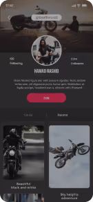 Mobile app profile screen of Hamad Rashid showing profile photo, follower stats, bio, and images of a black and white motorcycle and a dirt bike mid-jump.