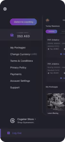 Mobile app menu screen showing user account options and balance of 263 AED.