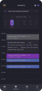 Mobile app interface showing a weekly schedule with planned and unscheduled sessions, including sessions with PDF Jenkins on Tuesday, April 3, and Thursday, April 5.