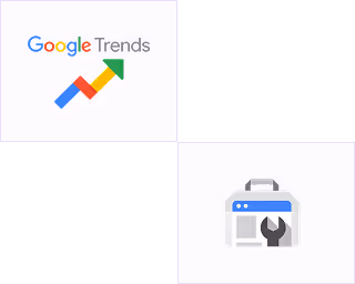 Google Trends logo featuring a colorful upward graph arrow and a stylized storefront icon with a wrench, symbolizing data and tools.