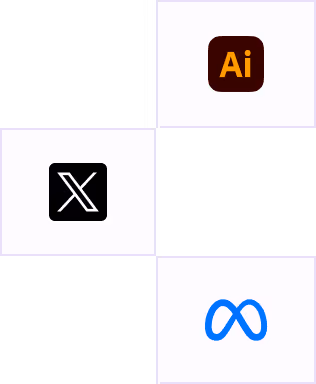 Grid of social media and design platform logos, featuring X, Adobe Illustrator, and Meta icons.