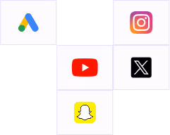 Icons of popular social media and advertising platforms: Google Ads, Instagram, YouTube, X, and Snapchat.