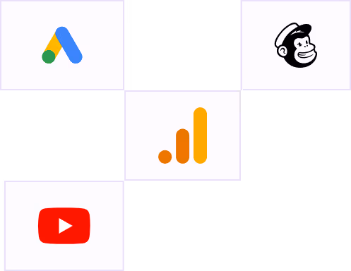 Grid showing logos of Google Ads, Mailchimp, YouTube, and Google Analytics.