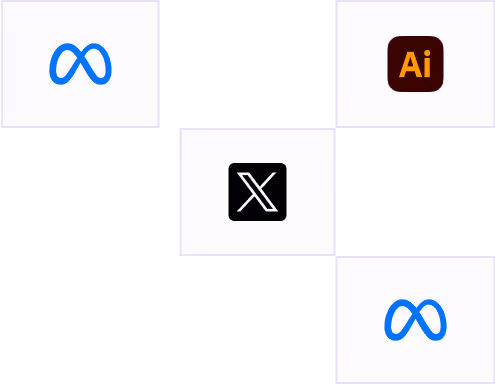 Grid of five logos showing Meta's blue infinity symbol twice, Adobe Illustrator’s brown and orange Ai icon, and X's black and white logo at the center.