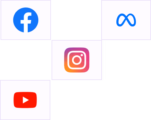Grid with Facebook, Meta, Instagram, and YouTube logos on a white and black checkered background.