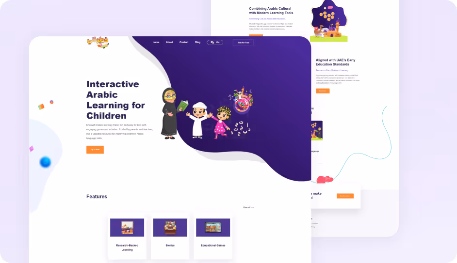 Website homepage for interactive Arabic learning for children with cartoon characters and features like research-backed learning, stories, and educational games.
